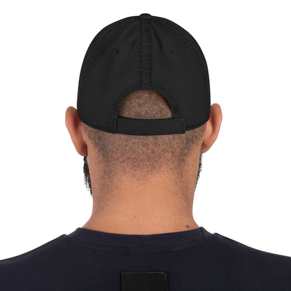 Back view of a man wearing a black distressed dad hat, showcasing the adjustable strap design.