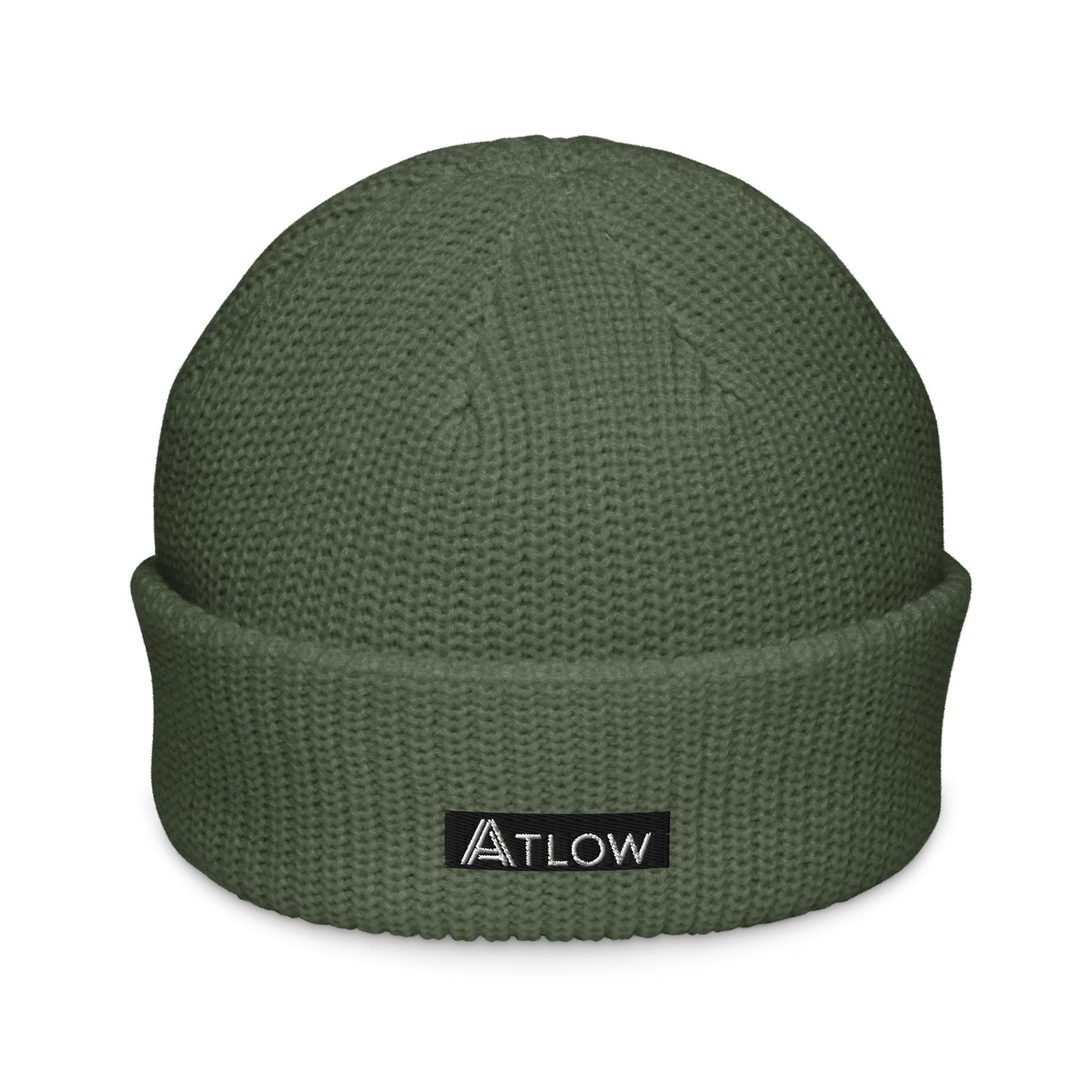 Fisherman Beanie – Cypress Edition with ATLOW logo in a cozy ribbed design for winter wear.