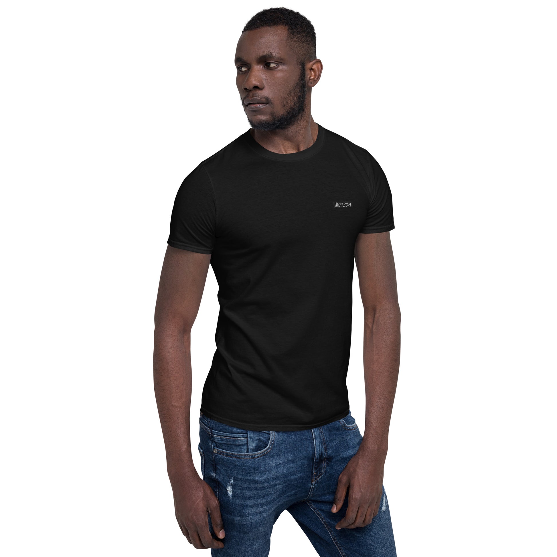 Men's Atlow Everyday Soft Tee worn by a model in black, showcasing minimalist streetwear style.